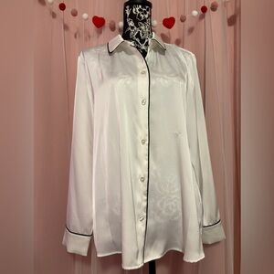 White Satin Button-Up Shirt with Black Trim